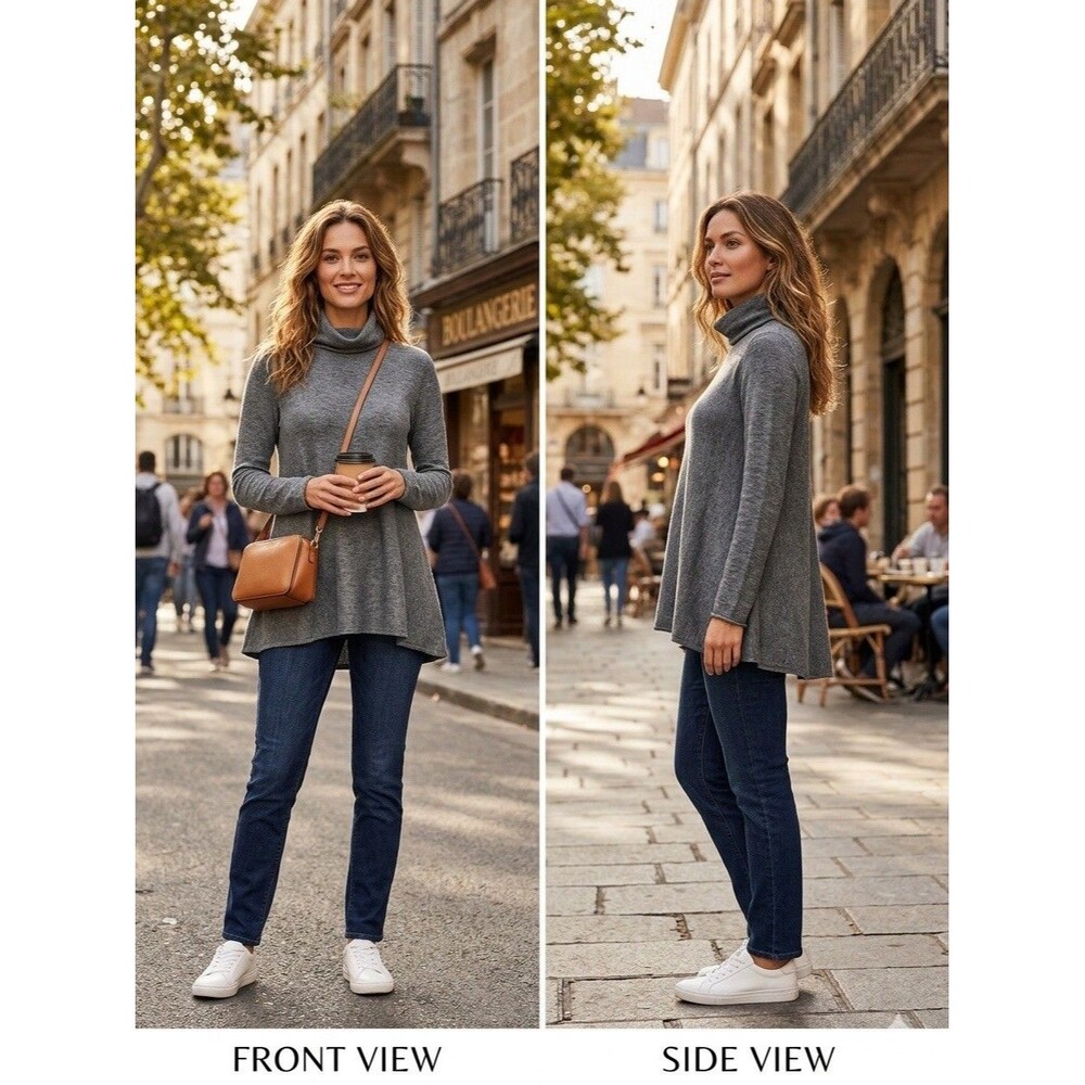 Eileen Fisher Gray Turtleneck Lightweight Pullover Sweater Tencel Wool Women PS